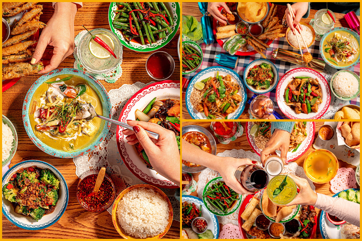 Collage of Thai dishes served.